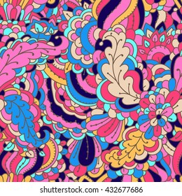 Floral seamless pattern in pink and blue colors. Abstract herbal pattern for textiles. Intricate plants seamless pattern.