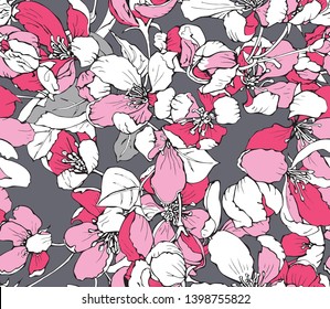 Floral Seamless pattern. Pink cherry of flowers on a gray background. Textile composition, hand drawn style print. Vector illustration.