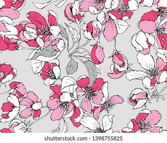 Floral Seamless pattern. Pink cherry of flowers on a gray background. Textile composition, hand drawn style print. Vector illustration.