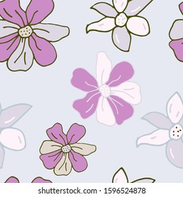Floral seamless pattern in pink colors for package design, web, fabric, wrapping paper, gifts. Pink flowers wallpaper for background in trendy cute hand drawn style