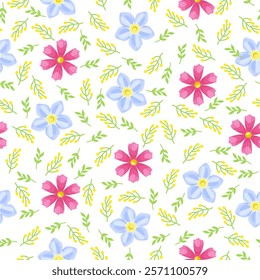 Floral seamless pattern with pink cosmo flowers and blue daisies and green leaves. Botany.