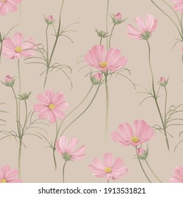 Floral seamless pattern, pink cosmos flowers with leaves on bright brown