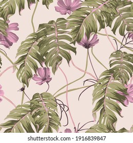 Floral seamless pattern, pink cosmos flowers and split-leaf Philodendron on bright orange