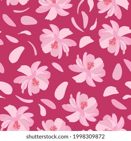 Floral seamless pattern with pink cosmos flowers and petals.