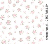 Floral seamless pattern of pink cute small rose flower with green leaves for girl, woman, fot fashion fabric print of ditsy style. Vector illustration