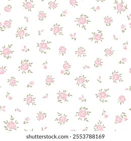 Floral seamless pattern of pink cute small rose flower with green leaves for girl, woman, fot fashion fabric print of ditsy style. Vector illustration