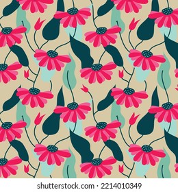 Floral seamless pattern. Pink daisy on yellow background. Perfect ornament for fashion fabric or other printable covers.