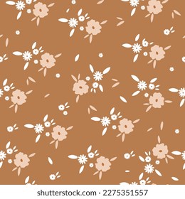 Floral seamless pattern with pink daisy flower and leaves on pastel light brown background vector illustration.