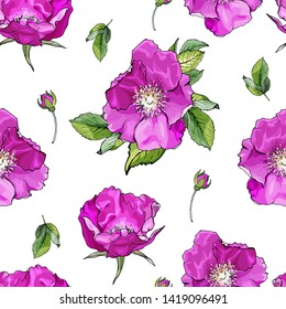 Floral seamless pattern with pink dog rose, wild rose and green leaves. Beautiful Pattern for wedding stationary, fashion, wallpapers, greetings, background for web pages. Flower vector background.