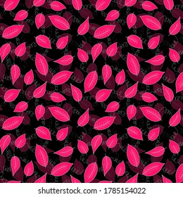 Floral seamless pattern with pink exotic leaves on black background. Tropic branches. Fashion vector stock illustration for wallpaper, posters, card, fabric, textile.