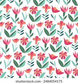 Floral seamless pattern with pink fantasy flowers on white. Great for fabrics, especially for linens, wrapping papers, wallpapers, covers. Vector hand drawn illustration in flat style	