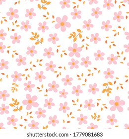 Patrón floral sin fisuras con flor rosada y hojas sobre ilustración vectorial de fondo blanco. 