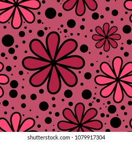 floral seamless pattern with pink flowers and black dots