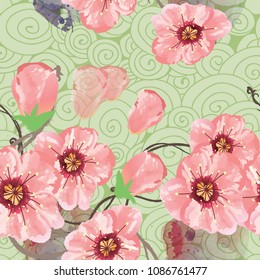 Floral seamless pattern. Pink flowers. Handmade drawing, watercolor picture. Vector.