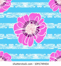Floral seamless pattern, pink flowers, anemones, blue background with stripes