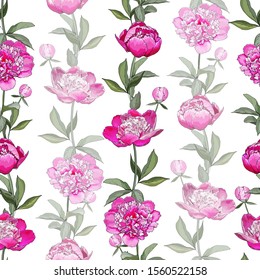 Floral seamless pattern with pink flowers Peonies and green leaves on white background. Hand drawn. Watercolor style. For your design, textile, wallpapers, print, greeting. Vector stock illustration.