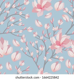 Nahtlose Blumenmuster mit rosafarbenen Blumen auf blauem Hintergrund.  Vektorillustration-Illustration für Textilien, Druck, Wallpaper, Umhüllung.