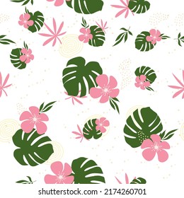  Floral seamless pattern, pink flowers and monstera plant with grey background.