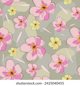 Floral seamless pattern. Pink flowers and green leaves repeat on light pink background.