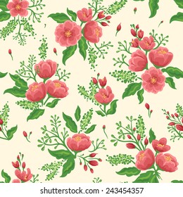 Floral seamless pattern with pink flowers and green leaves.