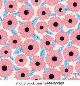 Floral seamless pattern with pink flowers, leaves, abstract shapes on a light background. Ideal for spring and summer holidays, wallpaper, greeting cards. Vector illustration
