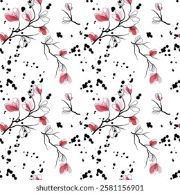 Floral seamless pattern with pink flowers, leaves and magnolia petals on a white background. Pastel vintage theme with realistic, vector, spring flowers for fabric, prints, greeting cards.