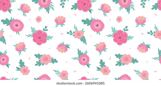 Floral seamless pattern with pink flowers and green leaves on white background for textile prints, scrapbooking, stationery, wallpaper, wrapping paper, bedding, kids apparel, home decor, etc. EPS 10