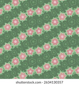 Padrão floral sem emenda com flores cor-de-rosa e folhas verdes em um fundo verde