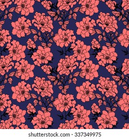 Floral seamless pattern with pink flowers on dark blue background.