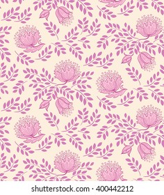 Floral seamless pattern. Pink flowers and leaves. Vector background.