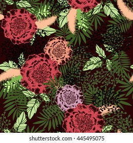 Floral seamless pattern with pink flowers and palm leaves and branches.