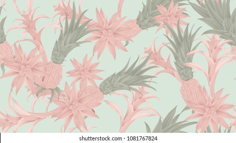 Floral seamless pattern, pink and green Bromeliaceae on blue background, pastel vintage theme