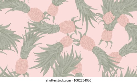 Floral seamless pattern, pink and green Bromeliaceae on pink background, pastel vintage theme
