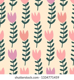 Floral seamless pattern in pink and green on vanilla background.