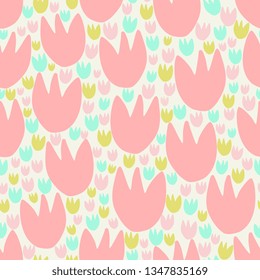 Floral seamless pattern in pink and green on cream background.