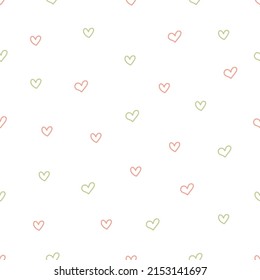 Floral seamless pattern pink and green hearts on white background. Hand drawn  vector illustration.  Great for fabrics, wrapping papers, wallpapers, covers.