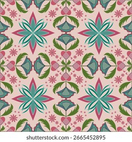 Patrón floral sin fisuras en rosa, verde y verde azulado para tela, Fondo de pantalla y artesanías.