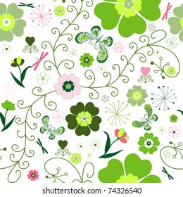 Floral seamless pattern with pink and green flowers and butterflies, dragonfly (vector)