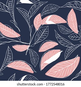 Floral seamless pattern. Pink leaves on blue background. Vector illustration. Decorative design