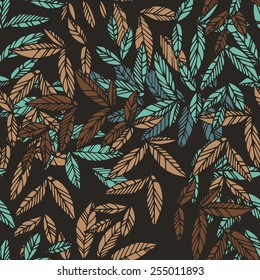 Floral seamless pattern. Pink leaves intertwined with burgundy and green. Black background, dramatic contrast. Can be used for curtains, wallpaper, pattern fills, web page background, surface textures