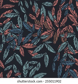 Floral seamless pattern. Pink leaves intertwined with burgundy and green. Black background, dramatic contrast. Can be used for curtains, wallpaper, pattern fills, web page background, surface textures