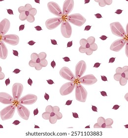 Floral seamless pattern with pink lilies, daisies and leaves. Botany.