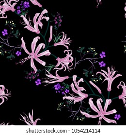 Floral seamless pattern with pink lily flowers. Vector motifs for fabric print and embroidery.