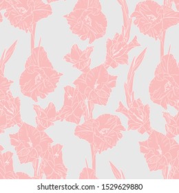 Floral seamless pattern with pink line gladiolus on blue background. Flower print.