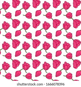 Nahtlose Blumenmuster rosafarbener kleiner Tulpen einzeln auf weißem Hintergrund. Einfache Vektorillustration Design für Stoff, Textilien, Hochzeiten, Verpackungen, Blumenladen, Website, Blumenläden.