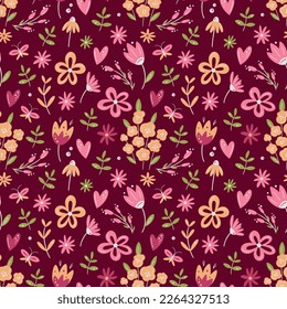 Patrón floral sin costuras en rosa sobre fondo magenta oscuro. Para el diseño de superficie o textil, cubiertas, papel pintado, impresión. Fiestas de primavera, bodas o tarjetas de cumpleaños, saludo de día materno