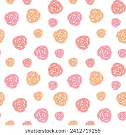 Blumennahtloses Muster mit rosafarbener und orangefarbener Rosenblume. Vektorhintergrund für Valentinstag-Dekoration, Umhüllung, Textilien, Stoff