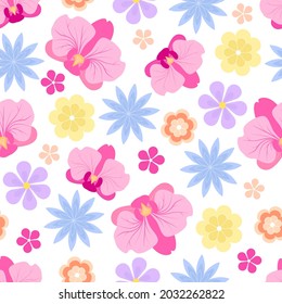 Floral seamless pattern with pink orchids. Vector illustration isolated on white background, print on fabric and paper