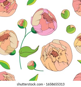 Blumennahtloses Muster mit rosafarbenen, handgezeichnet einzeln auf weißem Hintergrund. Postkartendesign für Textil- oder andere Druckerzeugnisse. Vektorillustration eps10