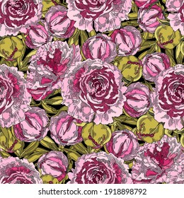 Nahtloses Muster ohne Blumen. rosafarbene Pfingstrosen auf schwarzem Hintergrund. Vektorgrafik.